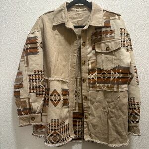 Aztec  Button Up Shacket with Frayed Seams  - Like New - XL